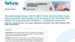 Medical article, titled "Thermobalancing therapy with Dr Allen's Device dissolves kidney stones improving health-related quality of life measured by the WISQOL - a randomised clinical trial", published in the Archives of Nephrology and Urology journal