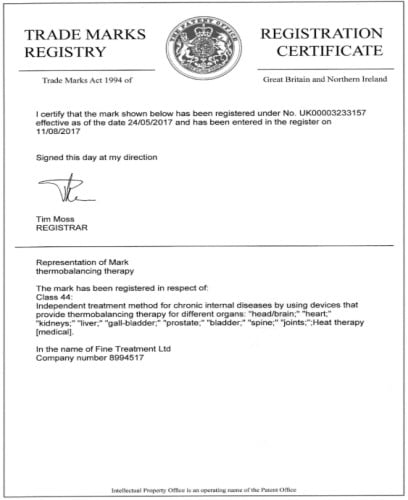 The “Thermobalancing therapy” trade mark was registered in 2017, as GB UK00003233157.